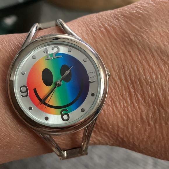 Colorful Smiley Face Watch with Silver Cuff - Picture 2 of 8